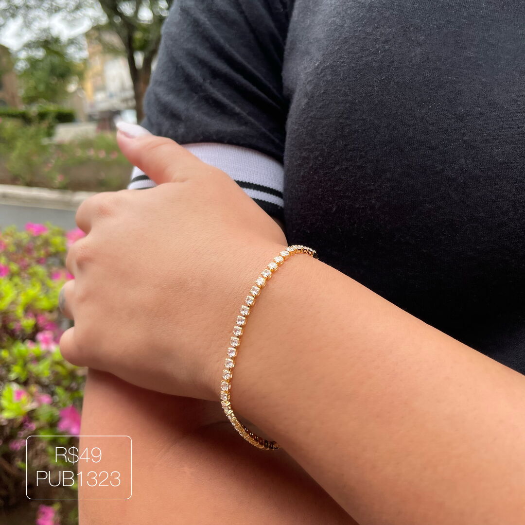 Pulseira Riviera 2mm Cristal Dourada